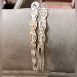 Silver braided herringbone style evening wear earrings